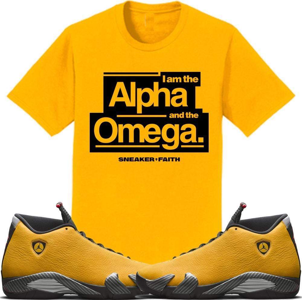 Jordan 14 Alternate Ferrari Gold Sneaker Tees Shirt to Match - ALPHA OMEGA