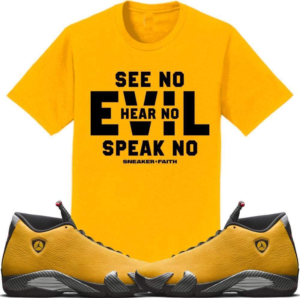 Jordan 14 Alternate Ferrari Gold Sneaker Tees Shirt to Match - EVIL