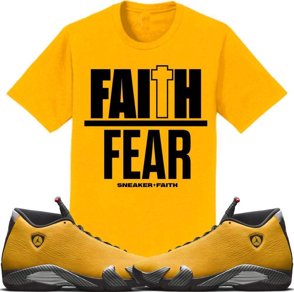 Jordan 14 Alternate Ferrari Gold Sneaker Tees Shirt to Match - FAITH OVER FEAR