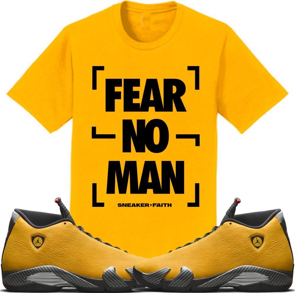 Jordan 14 Alternate Ferrari Gold Sneaker Tees Shirt to Match - FEAR NO MAN