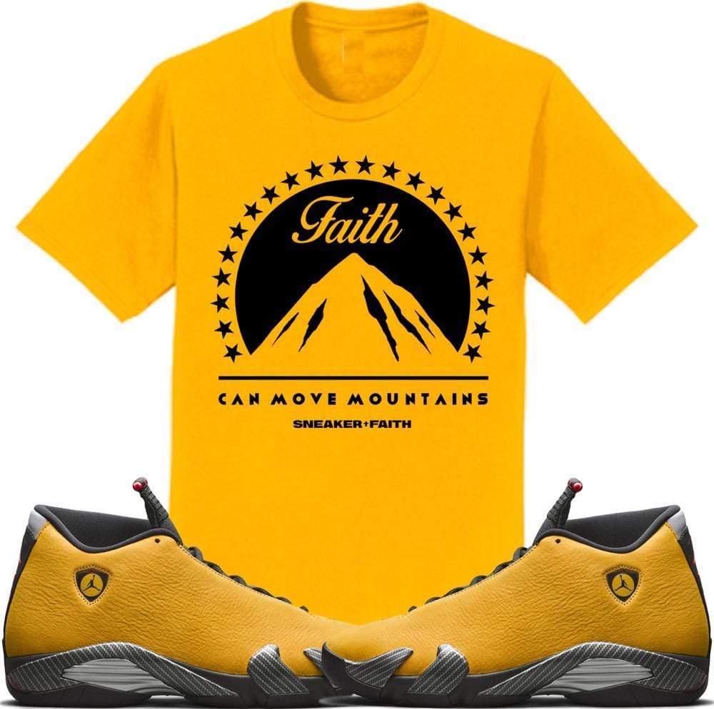 Jordan 14 Alternate Ferrari Gold Sneaker Tees Shirt to Match - MOVE MOUNTAINS