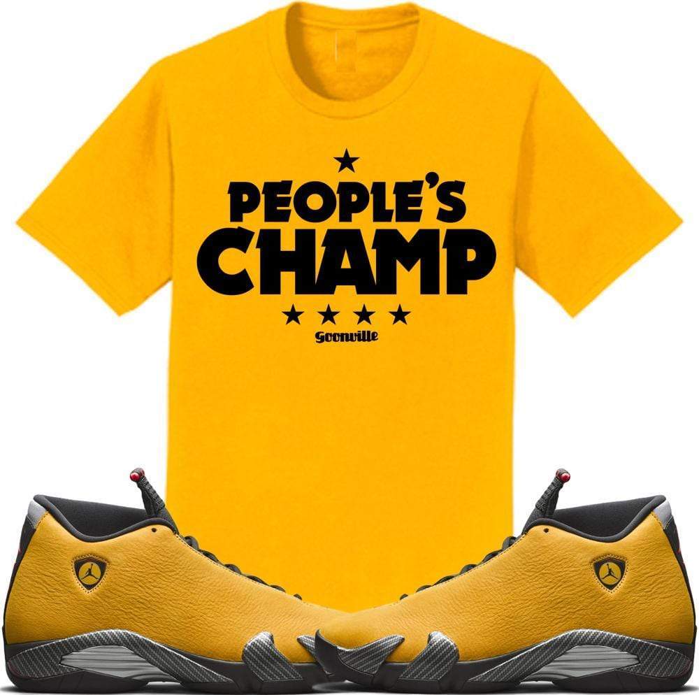 Jordan 14 Alternate Ferrari Gold Sneaker Tees Shirt to Match - PEOPLES CHAMP