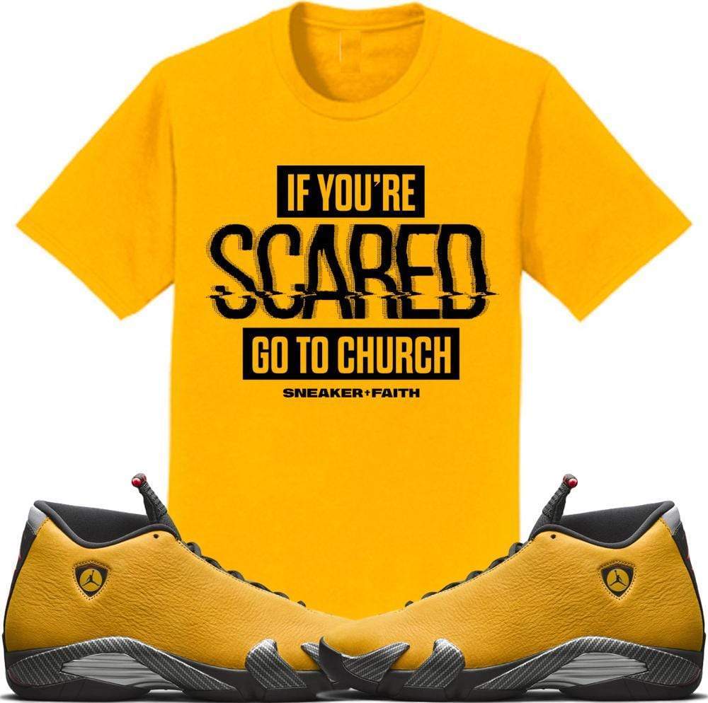 Jordan 14 Alternate Ferrari Gold Sneaker Tees Shirt to Match - SCARED