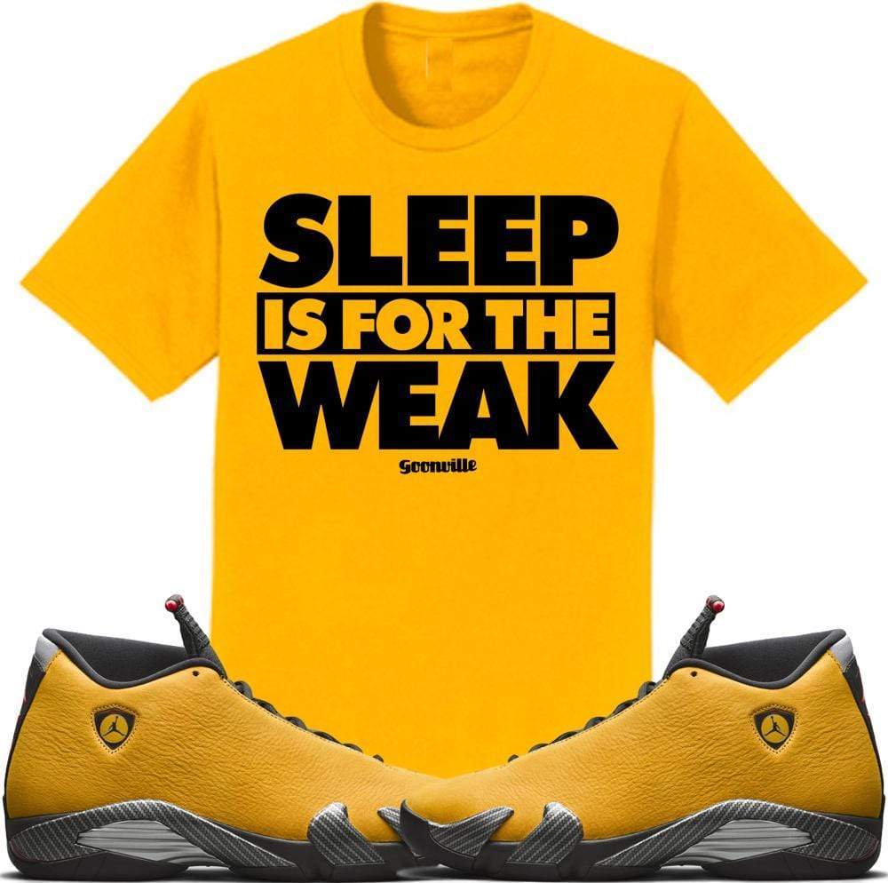 Jordan 14 Alternate Ferrari Gold Sneaker Tees Shirt to Match - SLEEP WEAK