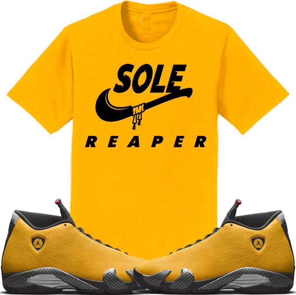 Jordan 14 Alternate Ferrari Gold Sneaker Tees Shirt to Match - SOLE REAPER