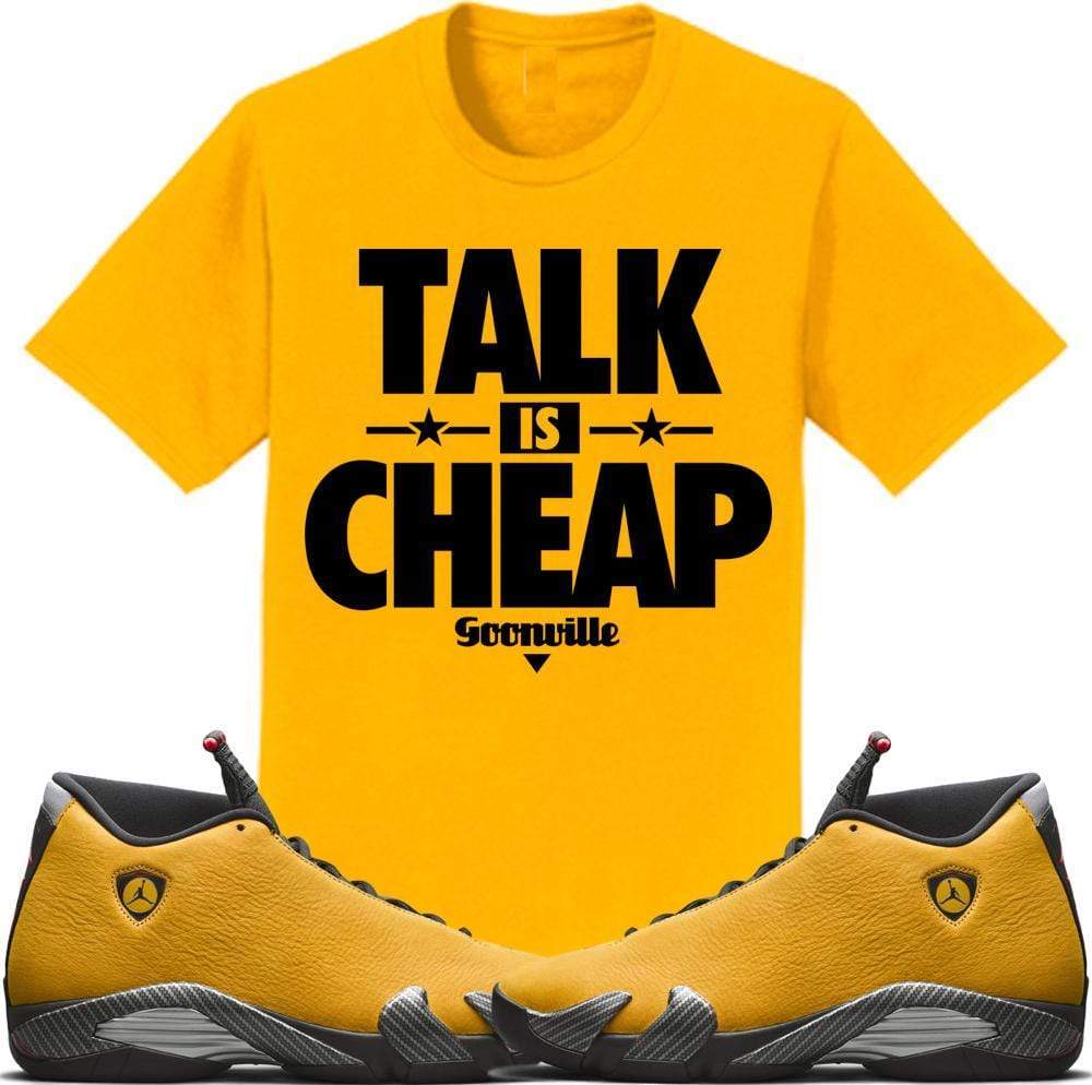 Jordan 14 Alternate Ferrari Gold Sneaker Tees Shirt to Match - TALK IS CHEAP