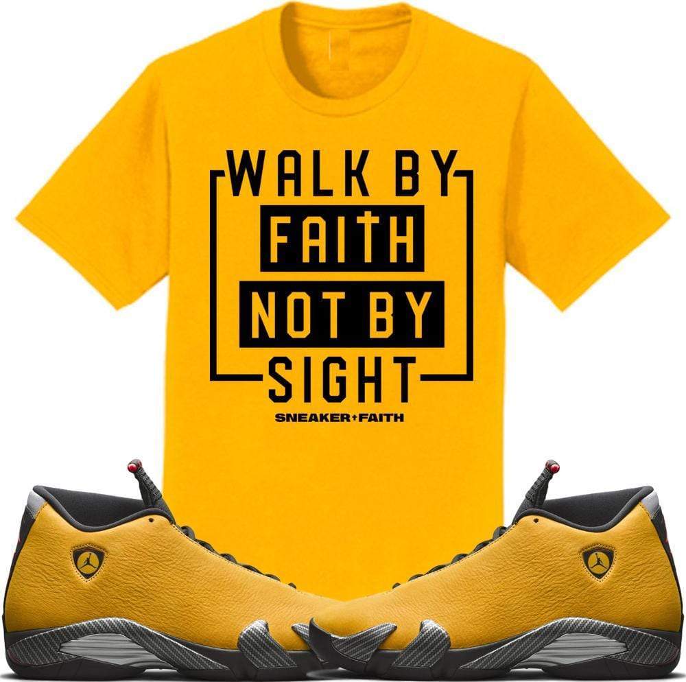 Jordan 14 Alternate Ferrari Gold Sneaker Tees Shirt to Match - WALK BY FAITH