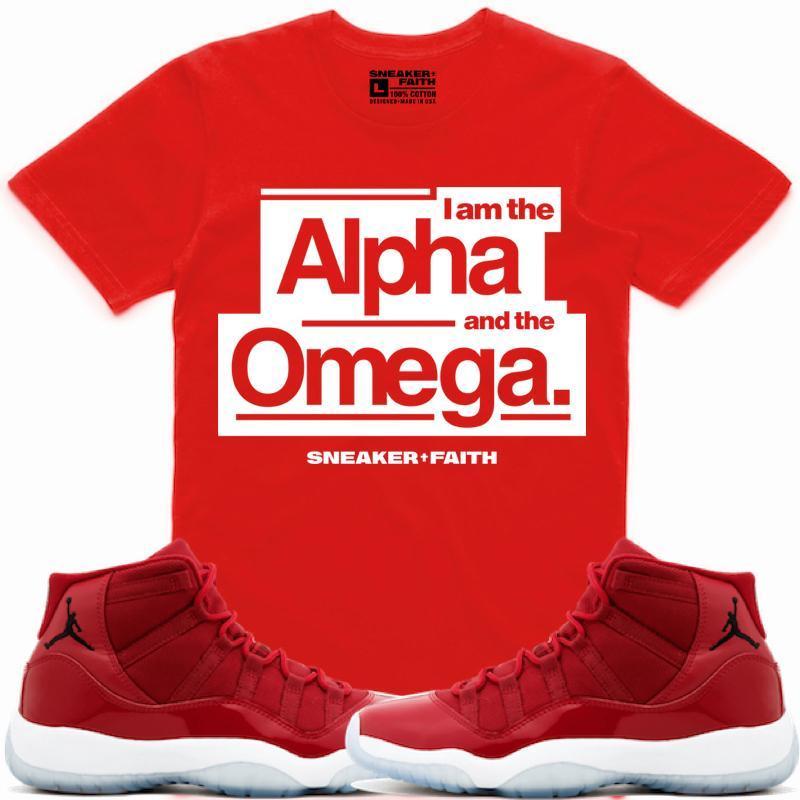 ALPHA OMEGA Sneaker Tees Shirt Match - Jordan 11 Gym Red Win Like 96