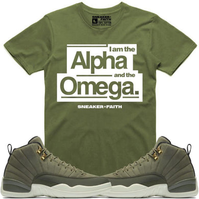 ALPHA OMEGA Sneaker Tees Shirt to Match - Jordan 12 Olive Chris Paul