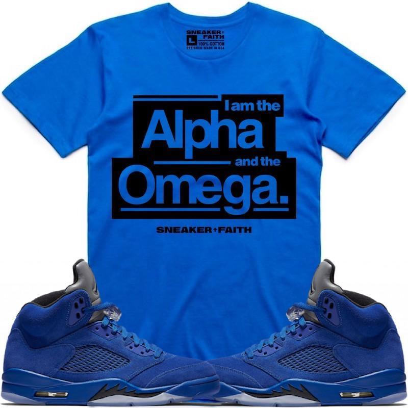 ALPHA OMEGA Sneaker Tees Shirt to Match - Jordan 5 Blue Suede