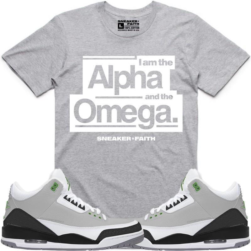 ALPHA OMEGA Sneaker Tees Shirt to Match - Jordan Retro 3 Chlorophyll