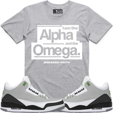 ALPHA OMEGA Sneaker Tees Shirt to Match - Jordan Retro 3 Chlorophyll